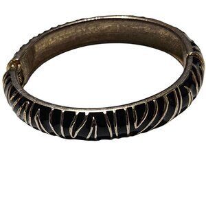 Art Deco Black Gold Tone Zebra Print Hinged Bangle Bracelet Statement Jewelry